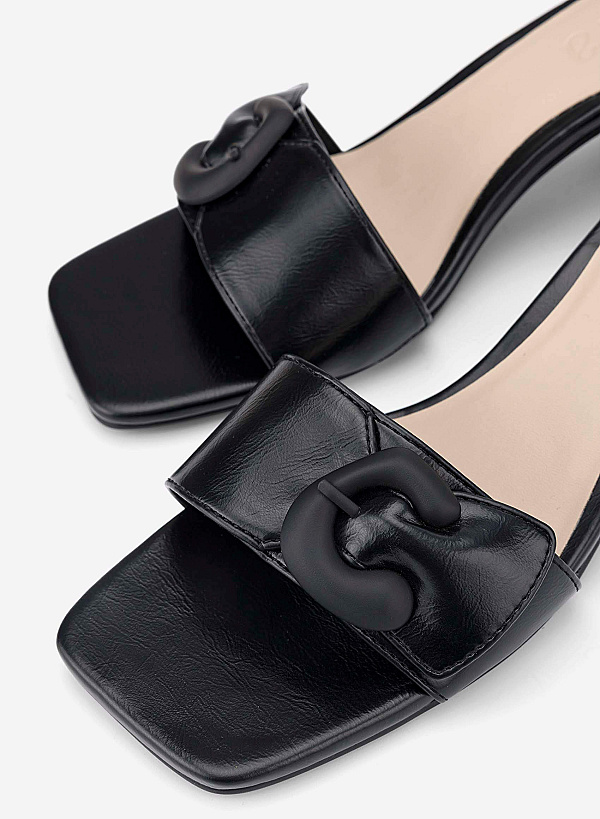 Buckle Detail Block Heel Mules - MUL 0223 - Black - VASCARA