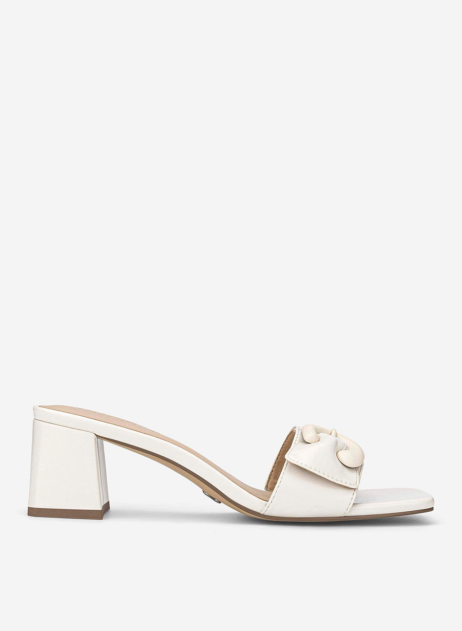Buckle Detail Block Heel Mules - MUL 0223 - Cream - vascara.com