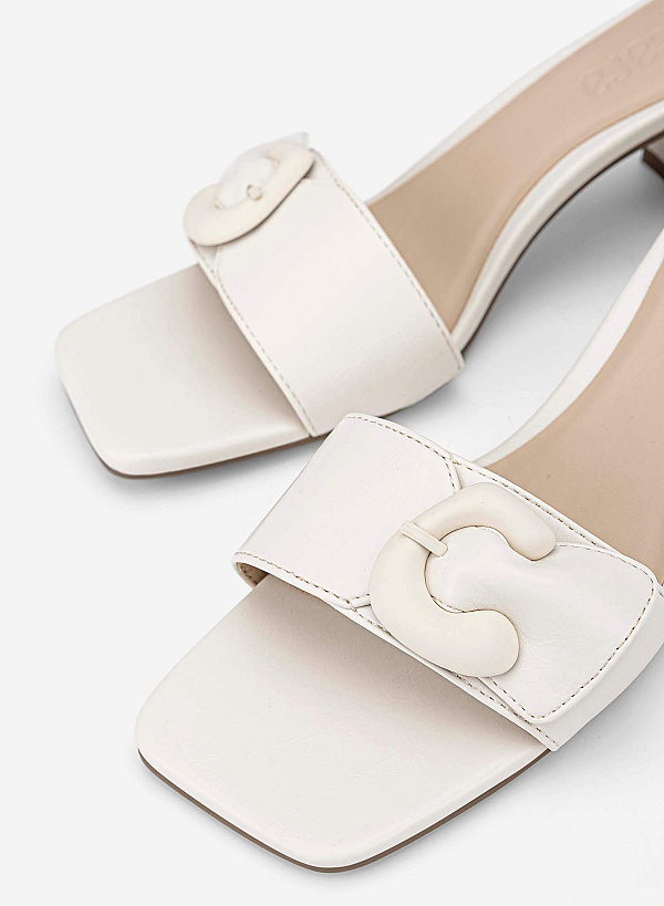 Buckle Detail Block Heel Mules - MUL 0223 - Cream - VASCARA