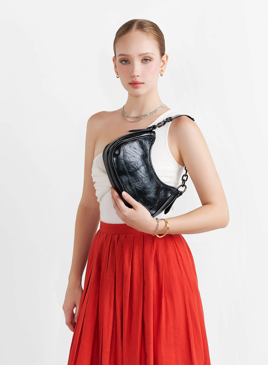 Chain Décor Strap Hobo Bag - TTE 0165 - Black - vascara.com