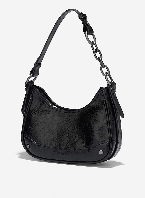 Chain Décor Strap Hobo Bag - TTE 0165 - Black - VASCARA