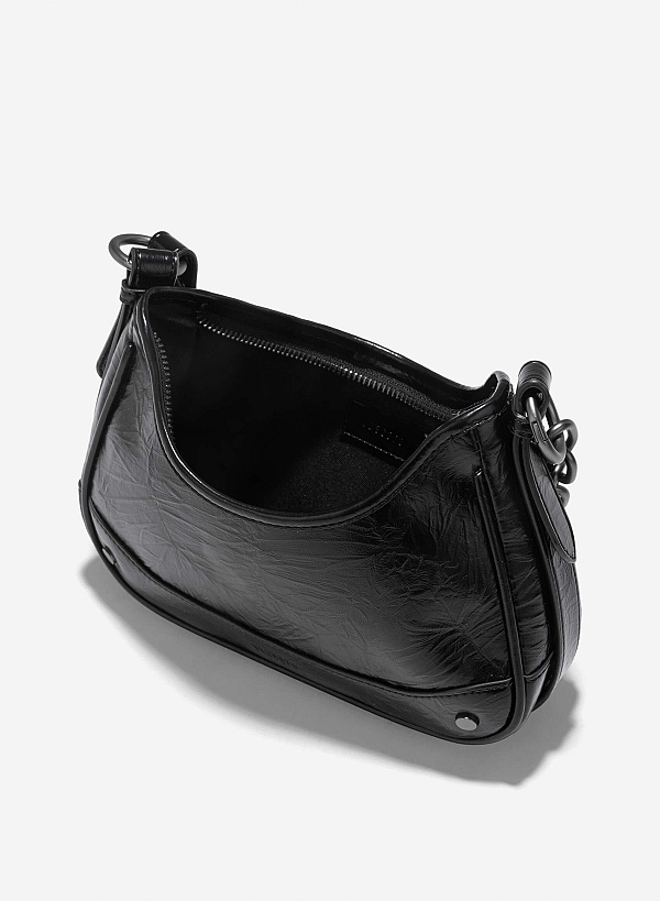 Chain Décor Strap Hobo Bag - TTE 0165 - Black - VASCARA