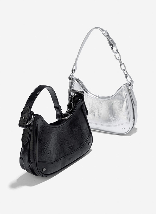 Chain Décor Strap Hobo Bag - TTE 0165 - Black - VASCARA