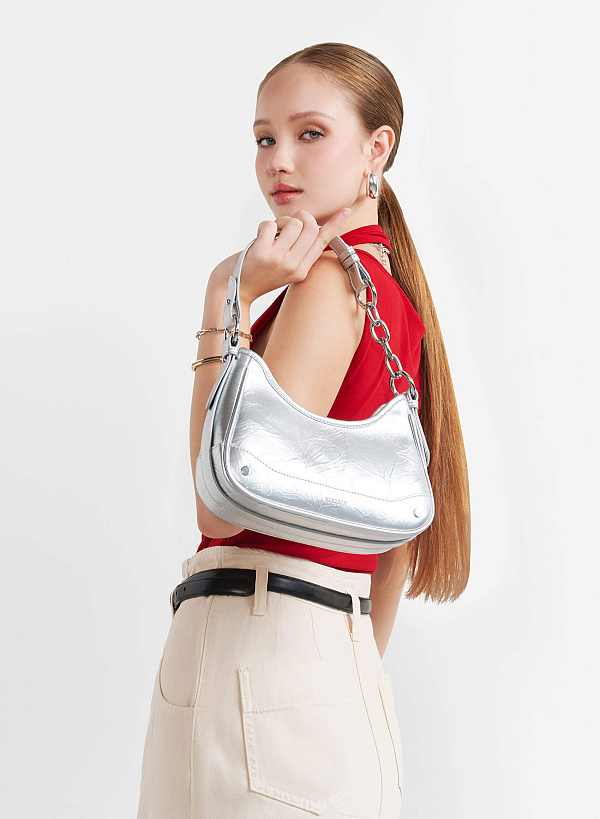Chain Décor Strap Hobo Bag - TTE 0165 - Silver - VASCARA