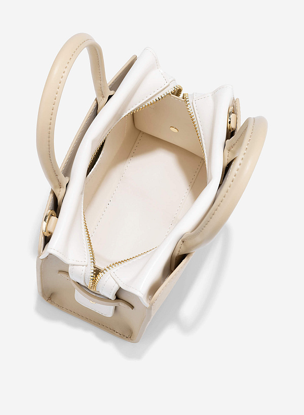 Contrast Leather Handheld Bag - TTE 0177 - Beige - VASCARA