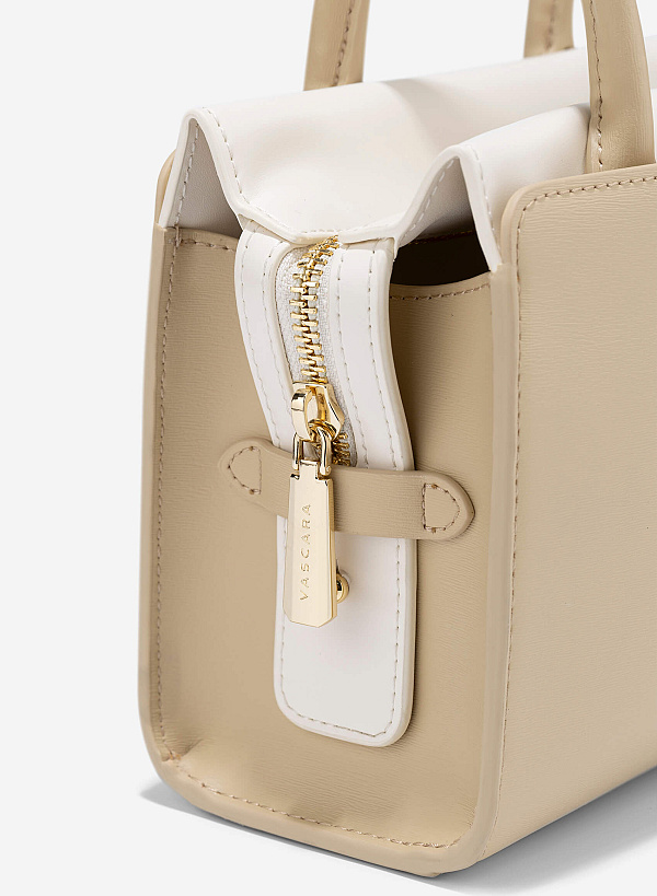 Contrast Leather Handheld Bag - TTE 0177 - Beige - VASCARA