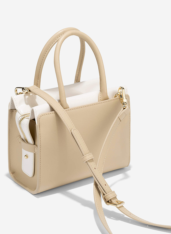 Contrast Leather Handheld Bag - TTE 0177 - Beige - VASCARA