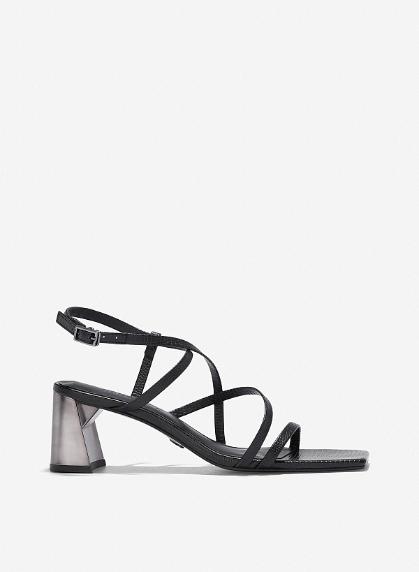 Croc-Effect Strappy Sandals - PUM 0796 - Black