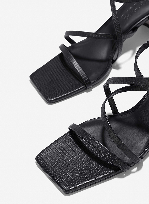 Croc-Effect Strappy Sandals - PUM 0796 - Black - VASCARA