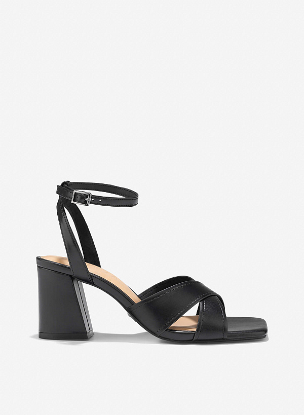 Cross Strap Block Heel Sandals - PUM 0794 - Black