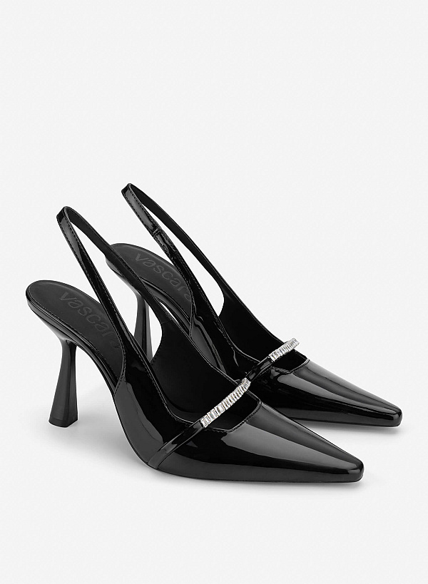 Crystal-Accent Spool Heel Slingbacks - HIG 0722 - Black - VASCARA