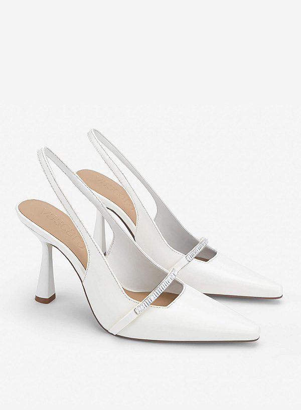 Crystal-Accent Spool Heel Slingbacks - HIG 0722 - White - VASCARA