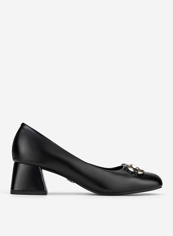Décor Buckle Block Heel Pumps - HIG 0711 - Black