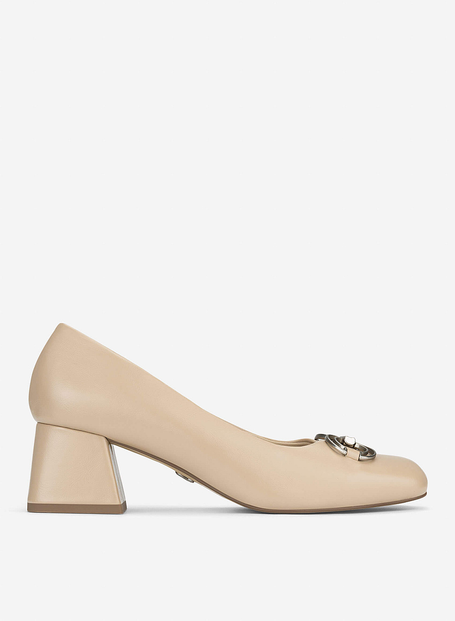 Décor Buckle Block Heel Pumps - HIG 0711 - Cream - vascara.com