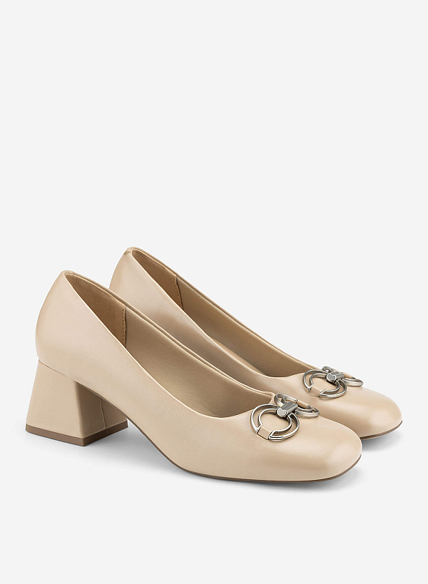 Décor Buckle Block Heel Pumps - HIG 0711 - Cream - VASCARA