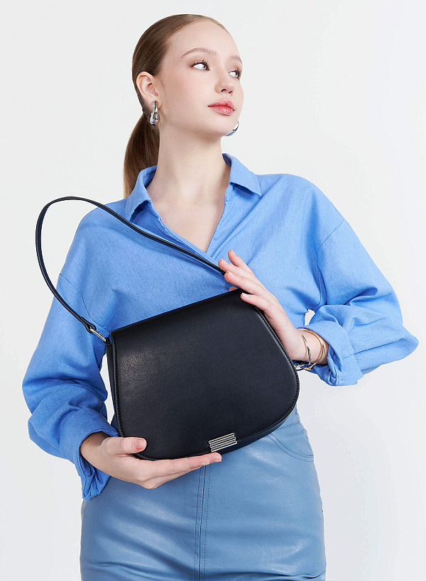 Décor Lock Flap Saddle Bag - MES 0252 - Black - VASCARA