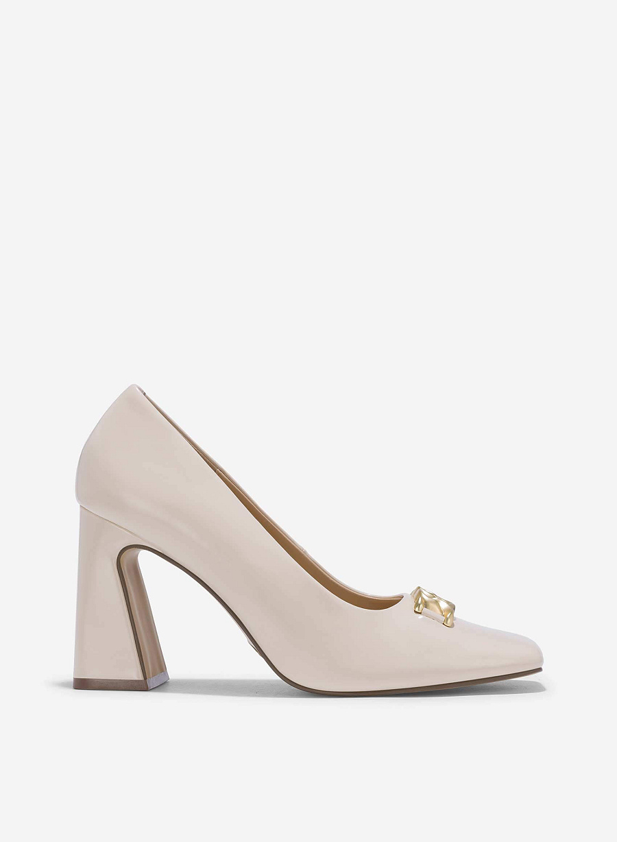 Décor Lock Square-Toe Block Heels - HIG 0654 - Cream - vascara.com