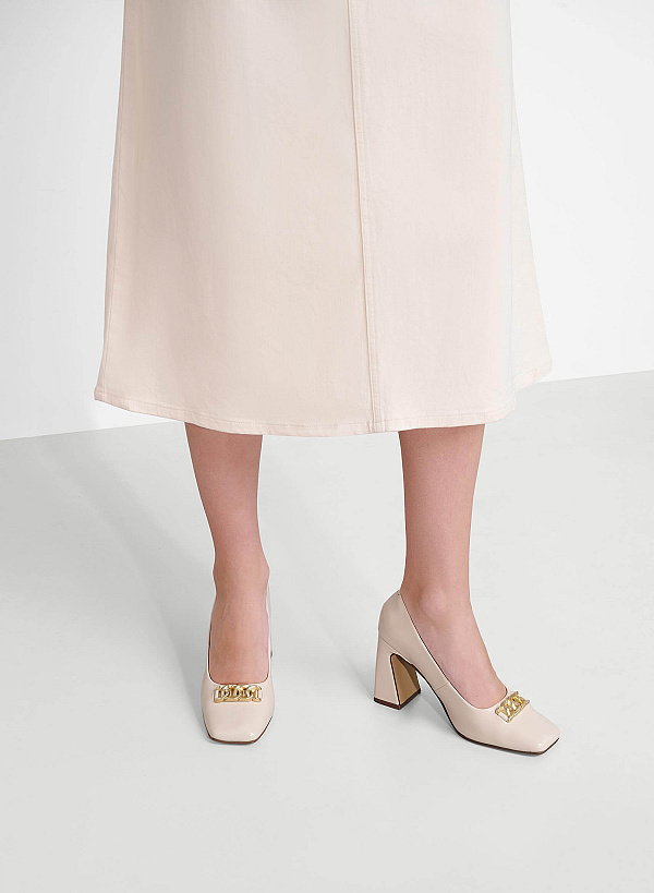 Décor Lock Square-Toe Block Heels - HIG 0654 - Cream - VASCARA