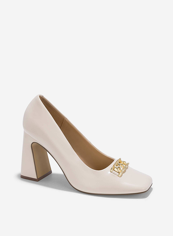 Décor Lock Square-Toe Block Heels - HIG 0654 - Cream - VASCARA