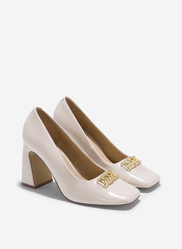 Décor Lock Square-Toe Block Heels - HIG 0654 - Cream - VASCARA