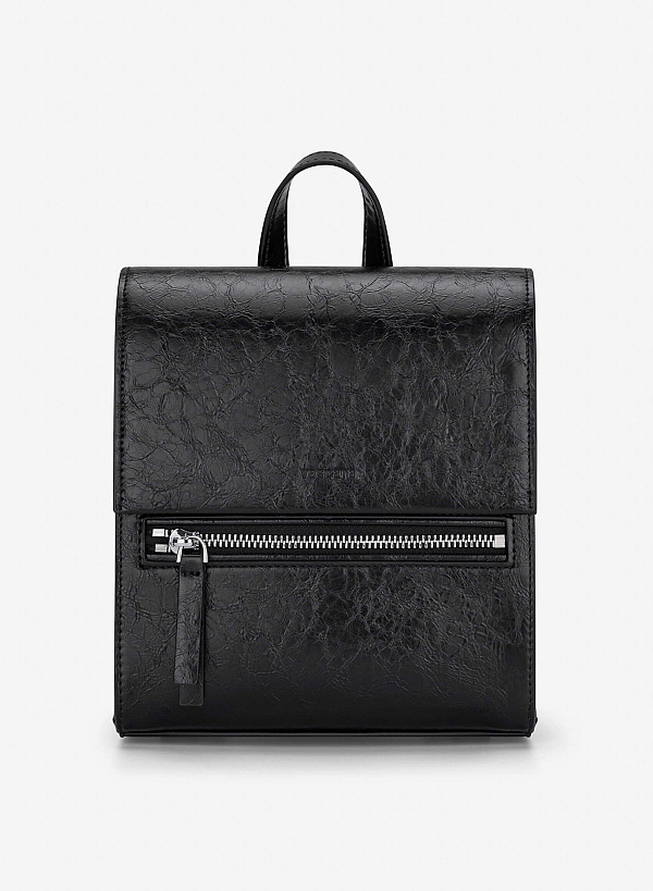View more item Fold-Over Textured Mini Backpack - BAK 0224 - Black