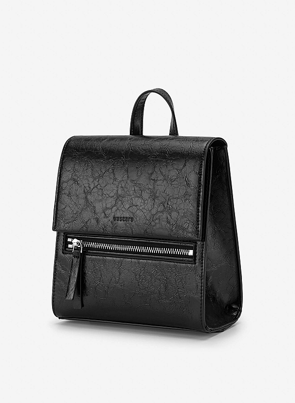 View more item Fold-Over Textured Mini Backpack - BAK 0224 - Black