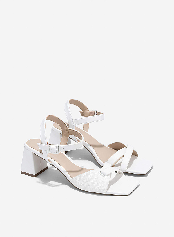 Knot Strap Block Heeled Sandals - PUM 0802 - White - VASCARA