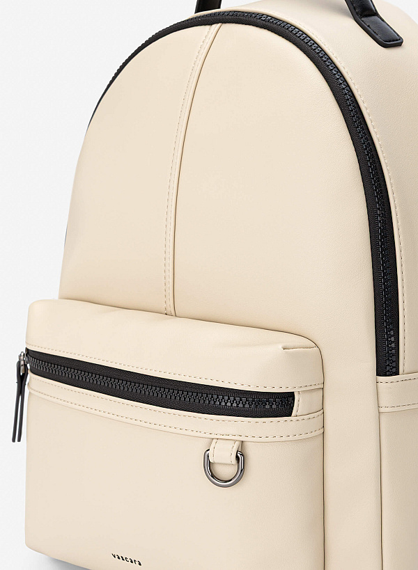 Leather Contrast Zip Backpack - BAK 0225 - Beige - VASCARA