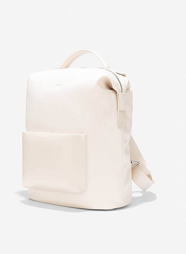 Leather Trim Parachute Fabric Backpack - BAK 0207 - Cream - VASCARA