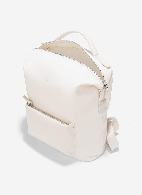 Leather Trim Parachute Fabric Backpack - BAK 0207 - Cream - VASCARA