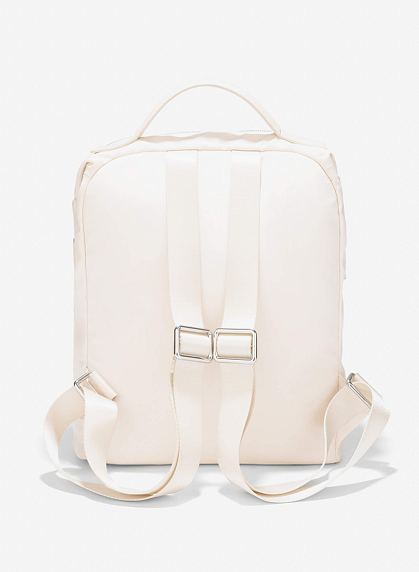 Leather Trim Parachute Fabric Backpack - BAK 0207 - Cream - VASCARA