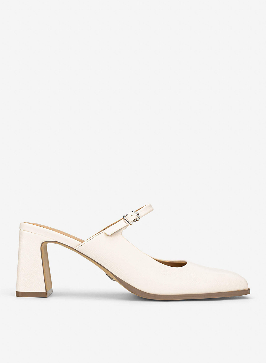 Mary Jane Block Heel Mules - MUL 0222 - Cream - vascara.com