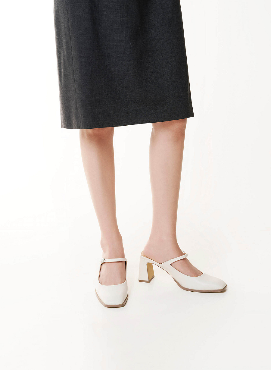 Mary Jane Block Heel Mules - MUL 0222 - Cream - vascara.com