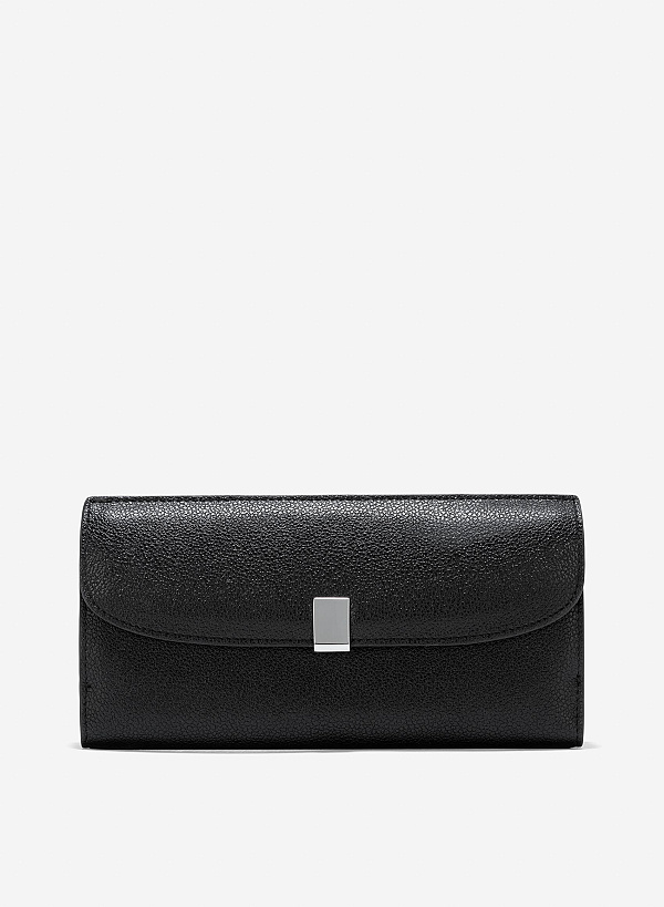 Metal Clasp Round Flap Handheld Wallet - WLL 0281 - Black
