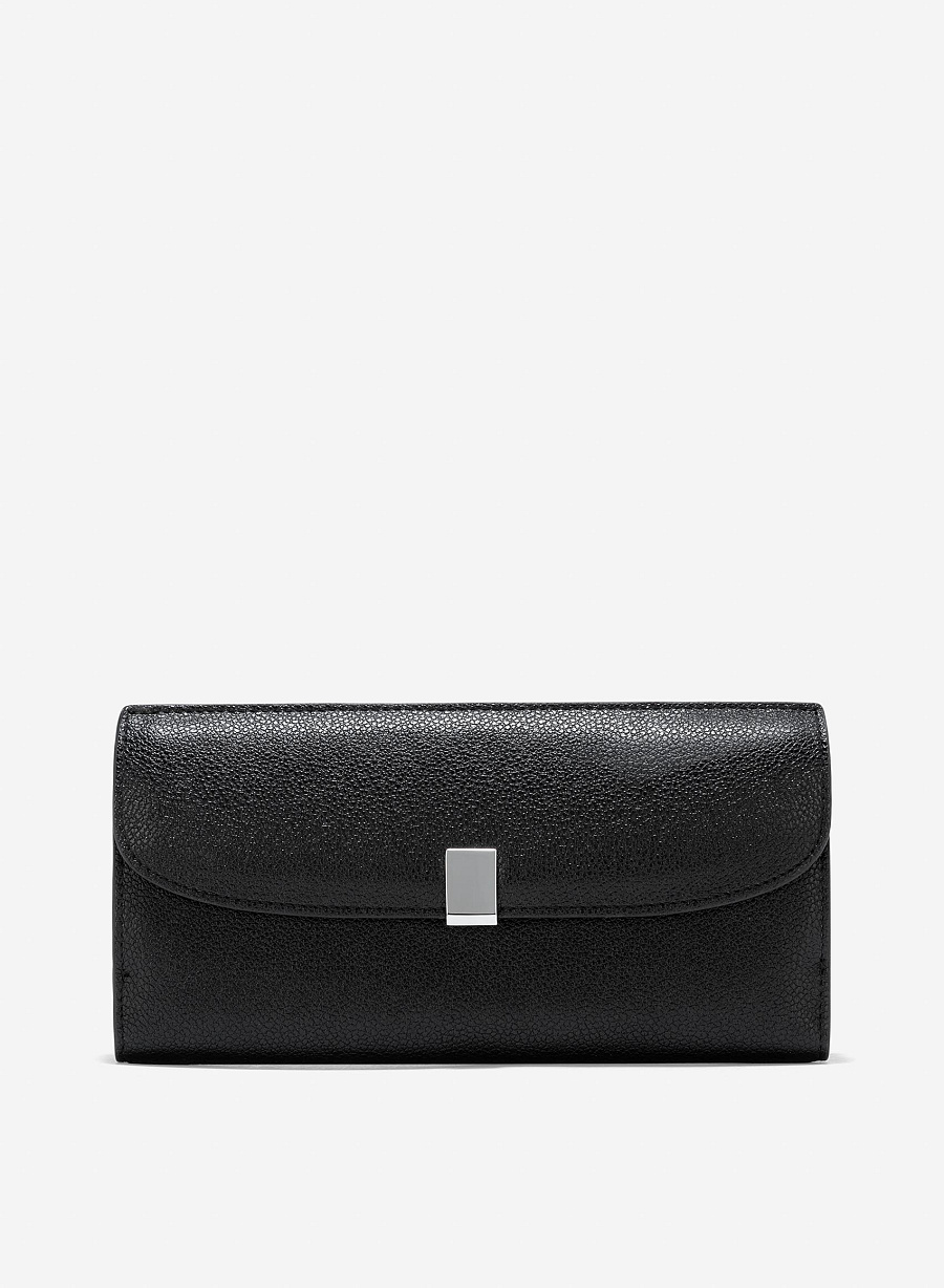 Metal Clasp Round Flap Handheld Wallet - WLL 0281 - Black - vascara.com