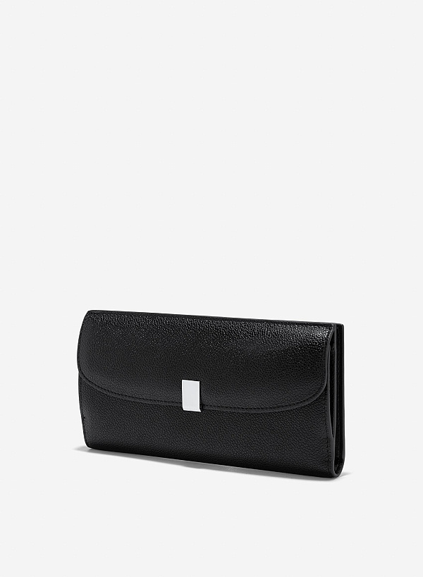 Metal Clasp Round Flap Handheld Wallet - WLL 0281 - Black - VASCARA