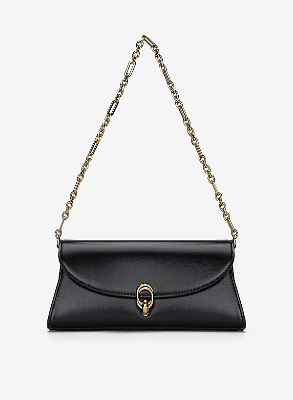 View more item Metal Lock Fold-Over Shoulder Bag - MES 0279 - Black
