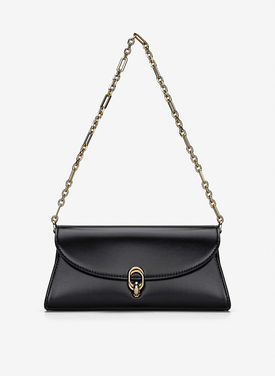 Metal Lock Fold-Over Shoulder Bag - MES 0279 - Black - vascara.com