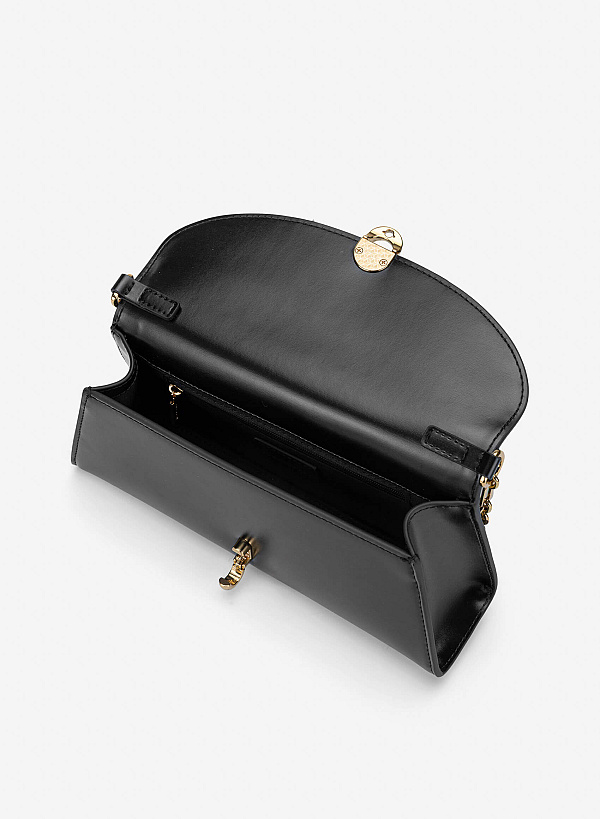 Metal Lock Fold-Over Shoulder Bag - MES 0279 - Black - VASCARA