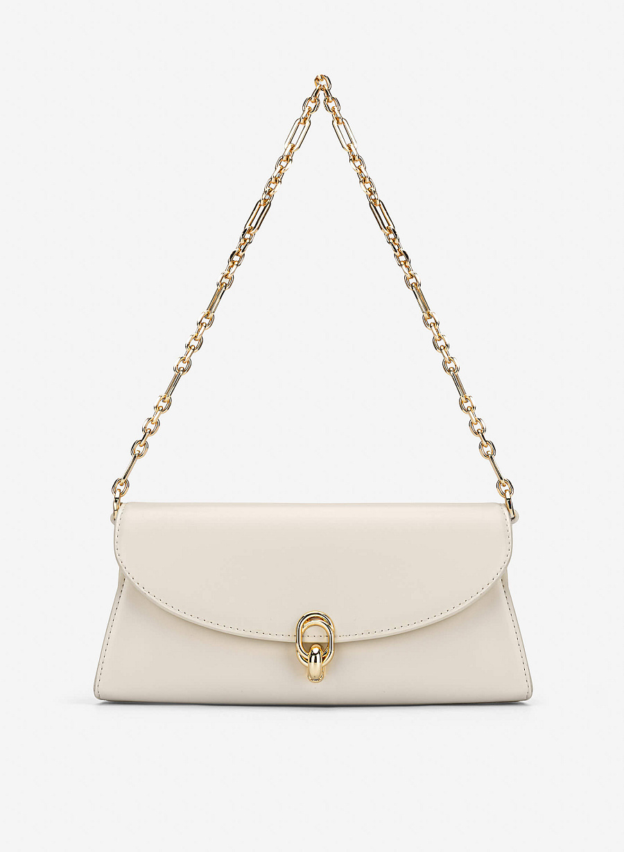Metal Lock Fold-Over Shoulder Bag - MES 0279 - Cream - vascara.com