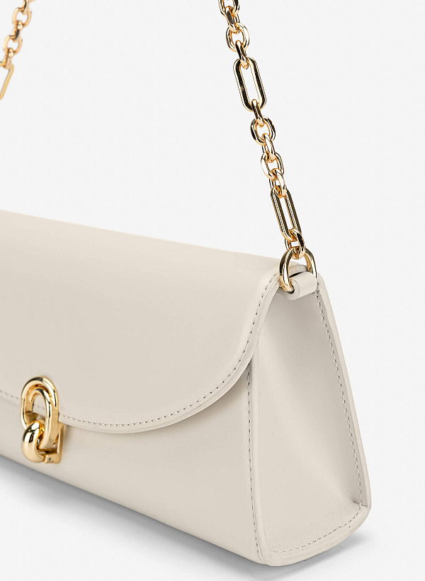 Metal Lock Fold-Over Shoulder Bag - MES 0279 - Cream - VASCARA
