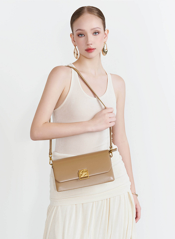Metal Lock Leather Bag - MES 0246 - Beige - VASCARA