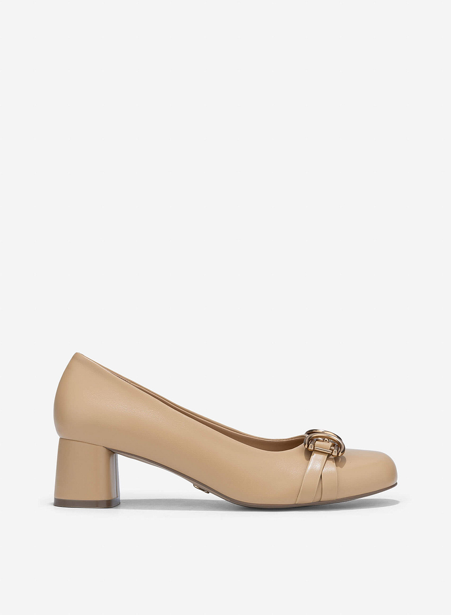 Metal Lock Round Toe Pumps - HIG 0679 - Beige - vascara.com