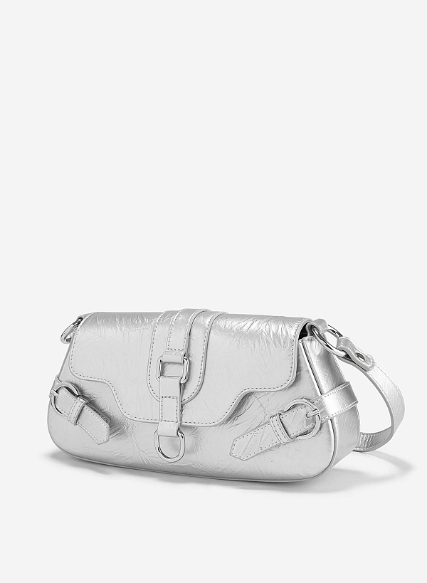 Metal Lock Strap Y2K Shoulder Bag - MES 0264 - Silver - VASCARA