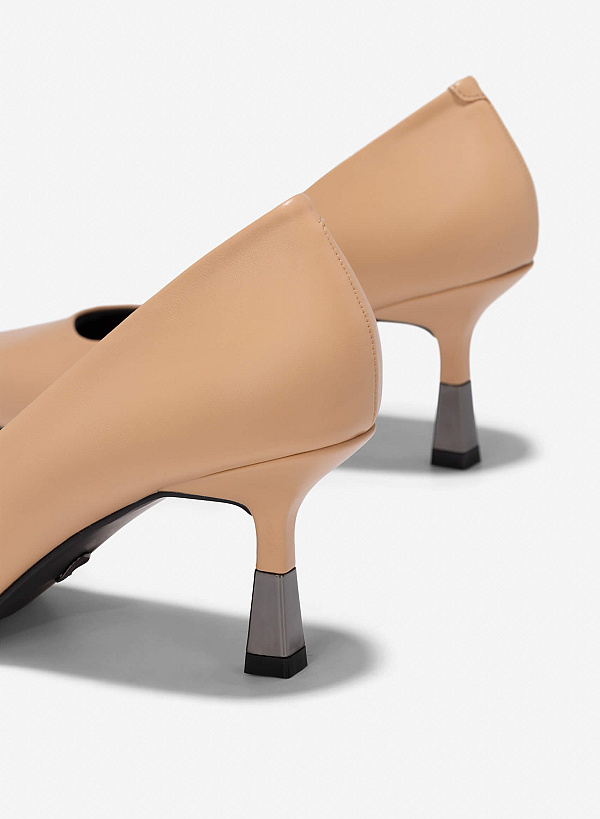 Metallic Effect Heels Pointed-Toe Pumps - HIG 0655 - Beige - VASCARA