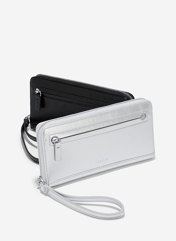 Multi-Compartment Zip-Around Handheld Wallet - WLL 0291 - Silver - VASCARA