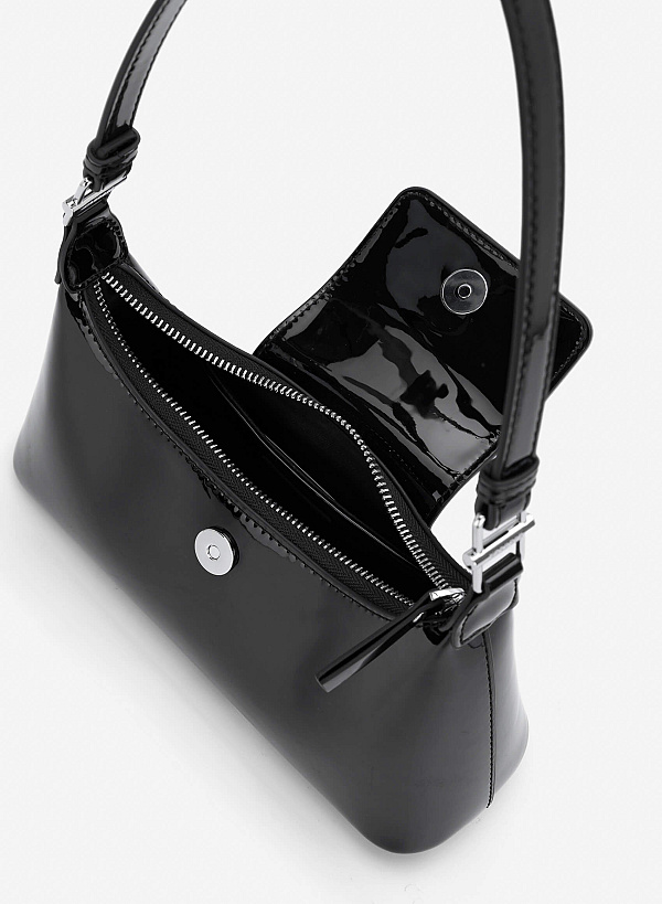 Patent Leather Hobo Bag - MES 0280 - Black - VASCARA
