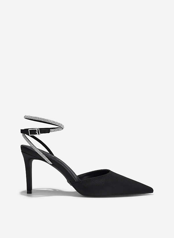 Point-Toe Sparkle Ankle Strap Pumps - HIG 0646 - Black