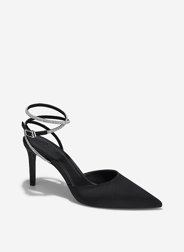 Point-Toe Sparkle Ankle Strap Pumps - HIG 0646 - Black - VASCARA