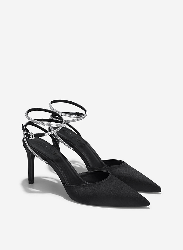 Point-Toe Sparkle Ankle Strap Pumps - HIG 0646 - Black - VASCARA